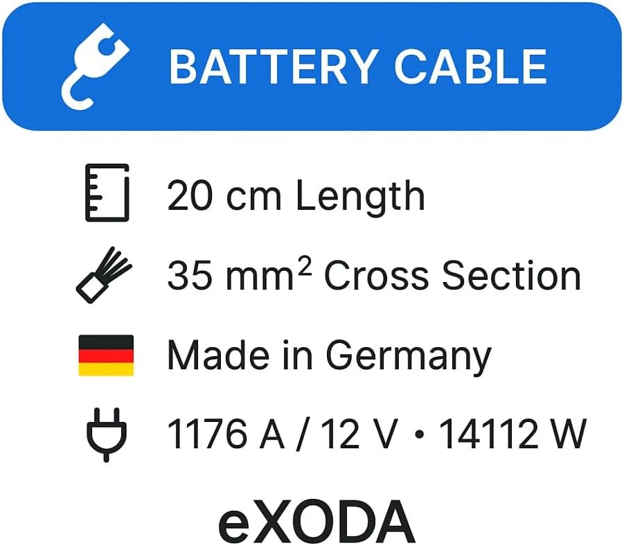 Exoda Batteriekabel 35 mm² 20cm mit Kabelschuhen M8 Schwarz für KFZ Boot Motorrad flexibles Kupferka