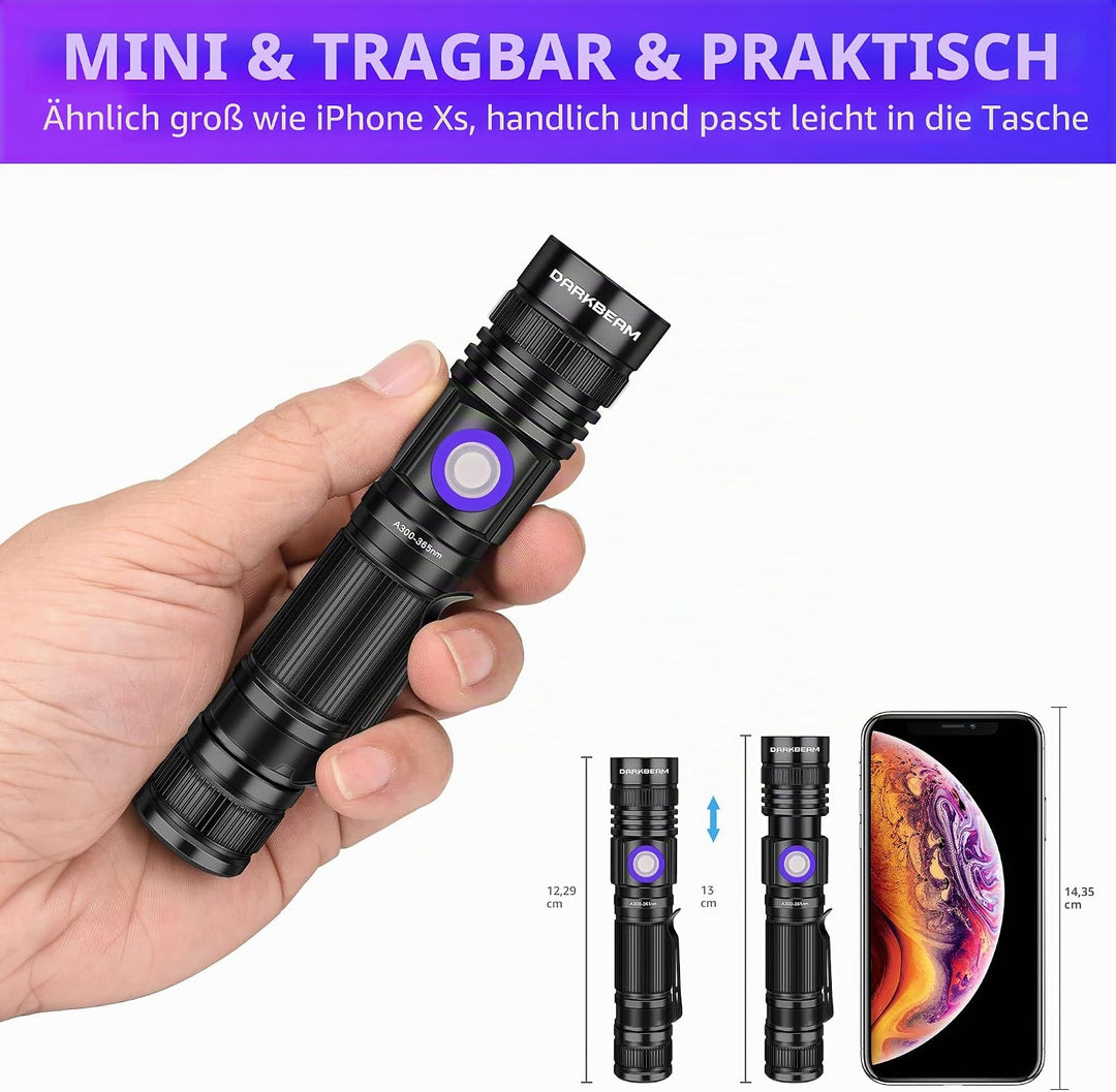 DARKBEAM UV Taschenlampe Schwarzlicht 365nm & 395nm Wiederaufladbare, Woodsche Lampe USB Schwarzlich
