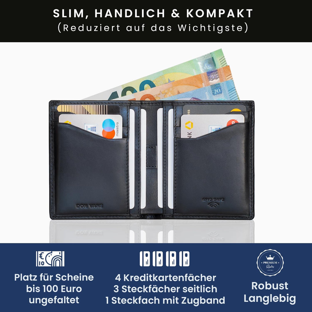 DON VANE Slim Wallet I Extra schmale Echtleder Geldbörse für Herren und Damen I Kleines dünnes Leder