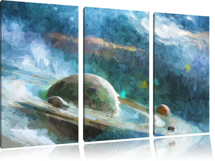 Pixxprint Planet mit Ringsystem / 3-Teilig/Gesamtmass 120cm Leinwandbild bespannt auf Holzrahmen/Wan
