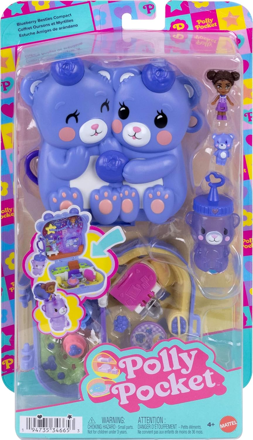 Polly Pocket Puppen und Spielset, Beste Blaubeeren-Freunde Schatulle, Reisespielzeug mit 1 Mikropupp
