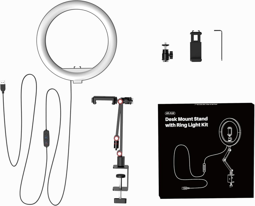 APEXEL 10" Ringlicht Mit Ständer und Telefonhalter, USB LED für Schreibtisch, Overhead Stativ Mit Ve
