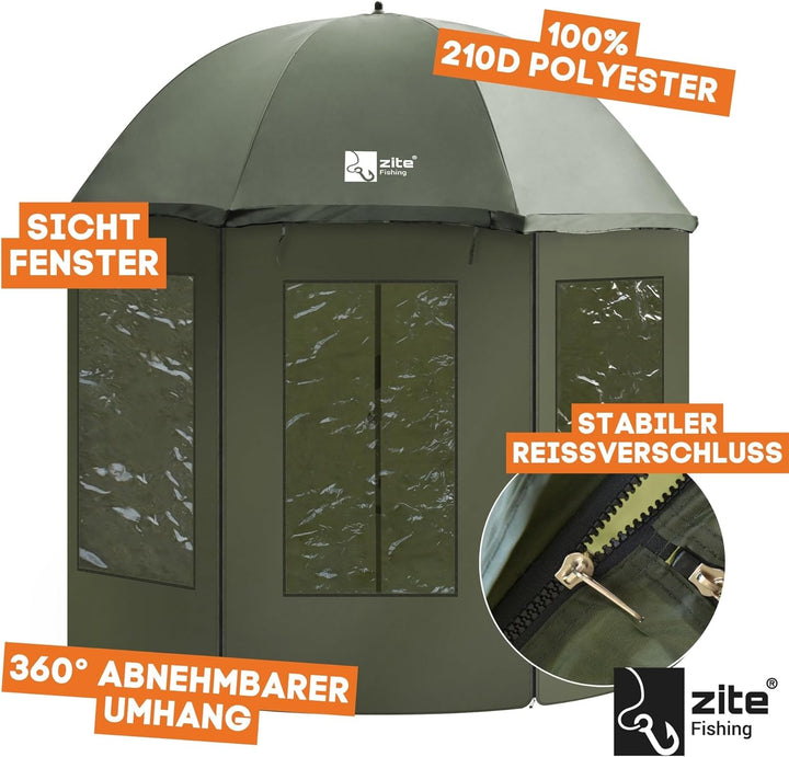 Zite Fishing Schirmzelt Geschlossen 250cm – Angelschirm Zelt Wasserabweisend Beschichtet – Karpfen A