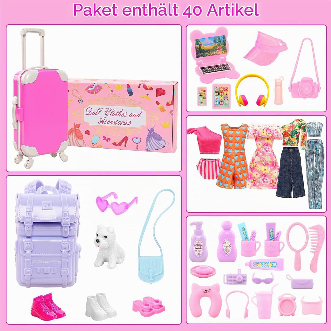 Miunana 40 PCS Spielzeugset Für Reiseaccessoires Einer Puppe Inklusive Reisegepäckkoffer 5 Kleidungs