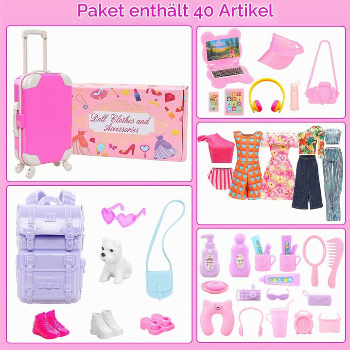 Miunana 40 PCS Spielzeugset Für Reiseaccessoires Einer Puppe Inklusive Reisegepäckkoffer 5 Kleidungs