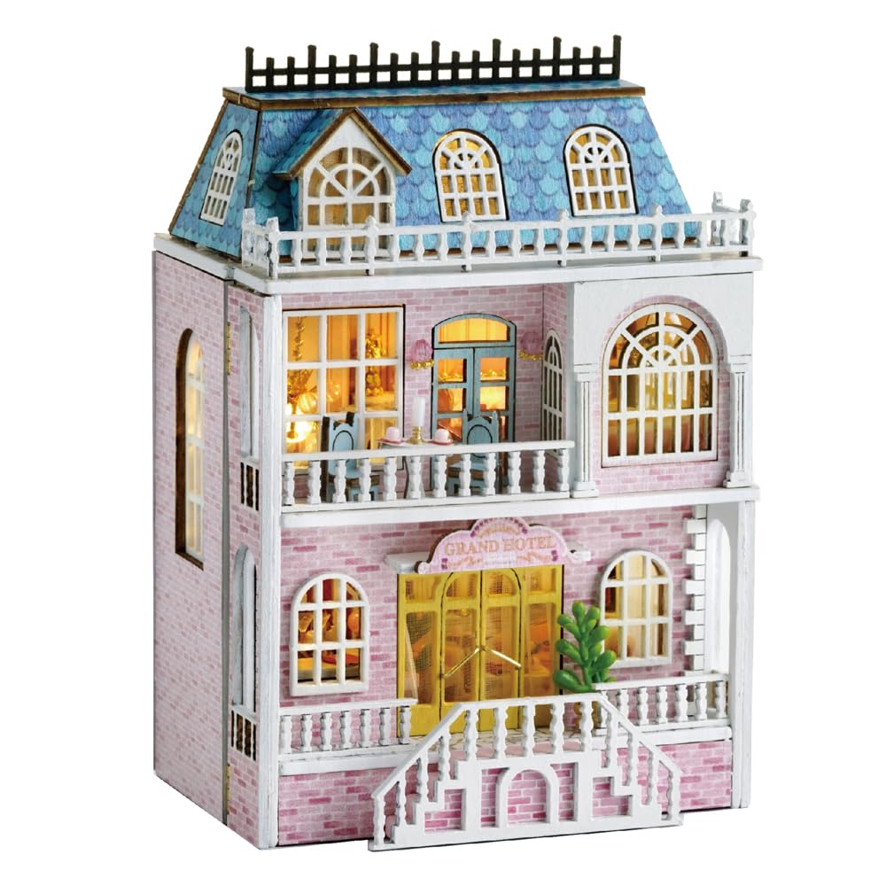 CUTEROOM Miniatur Haus, DIY Puppenhaus Set aus Holz, Mini Hausbau-Set mit Möbeln und LED Licht, Gebu