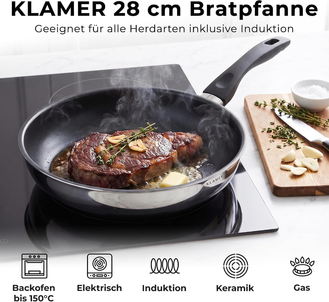 KLAMER Pfannenset Induktion (20 + 28 cm), hochwertige Profi Edelstahlpfanne antihaftbeschichtet mit