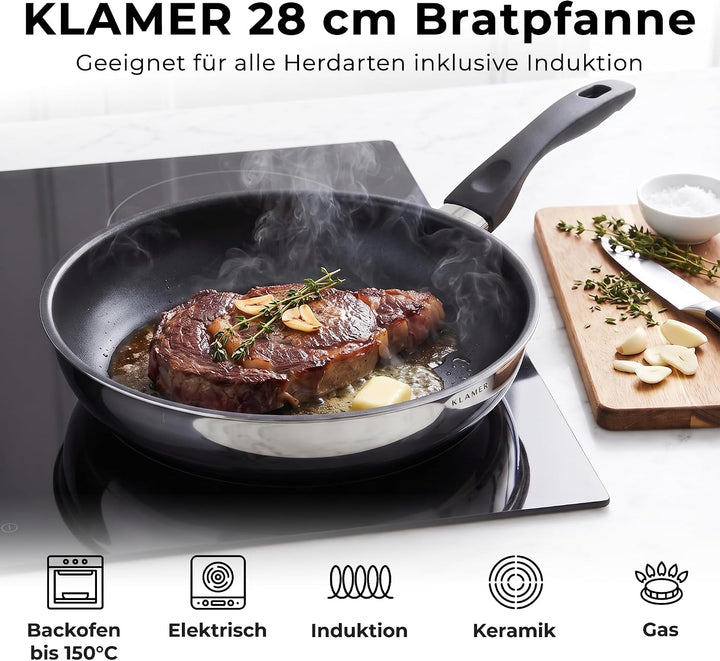 KLAMER Pfannenset Induktion (20 + 28 cm), hochwertige Profi Edelstahlpfanne antihaftbeschichtet mit