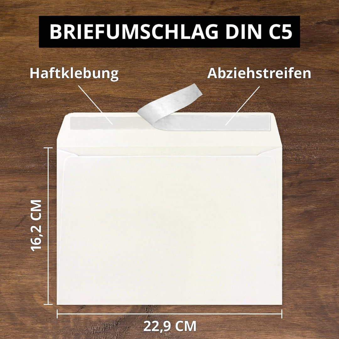 300x Briefumschläge DIN C5 Naturweiss (Weiss) - 16,2 x 22,9 cm - Haftklebung - Edle Kuverts für gros