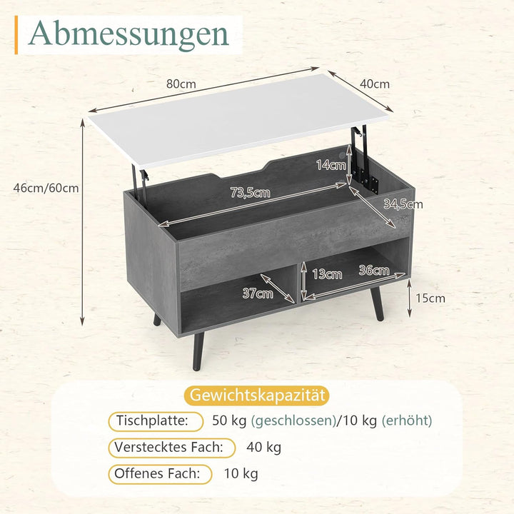COSTWAY Couchtisch höhenverstellbar, Sofatisch mit anhebbarer Tischplatte & 2 offenen Regalen, auszi