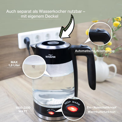Teekocher Wasserkocher Edelstahl - Schwarz Glänzend - mit Teesieb Abschaltautomatik und Warmhaltefun