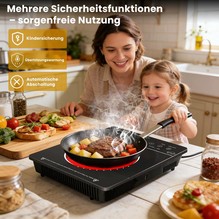 Hobsir Herdplatte 1 Kochfeld mit Stecker, 2000 Watt, tragbares Glaskeramik-Kochfeld, 9 Leistungsstuf