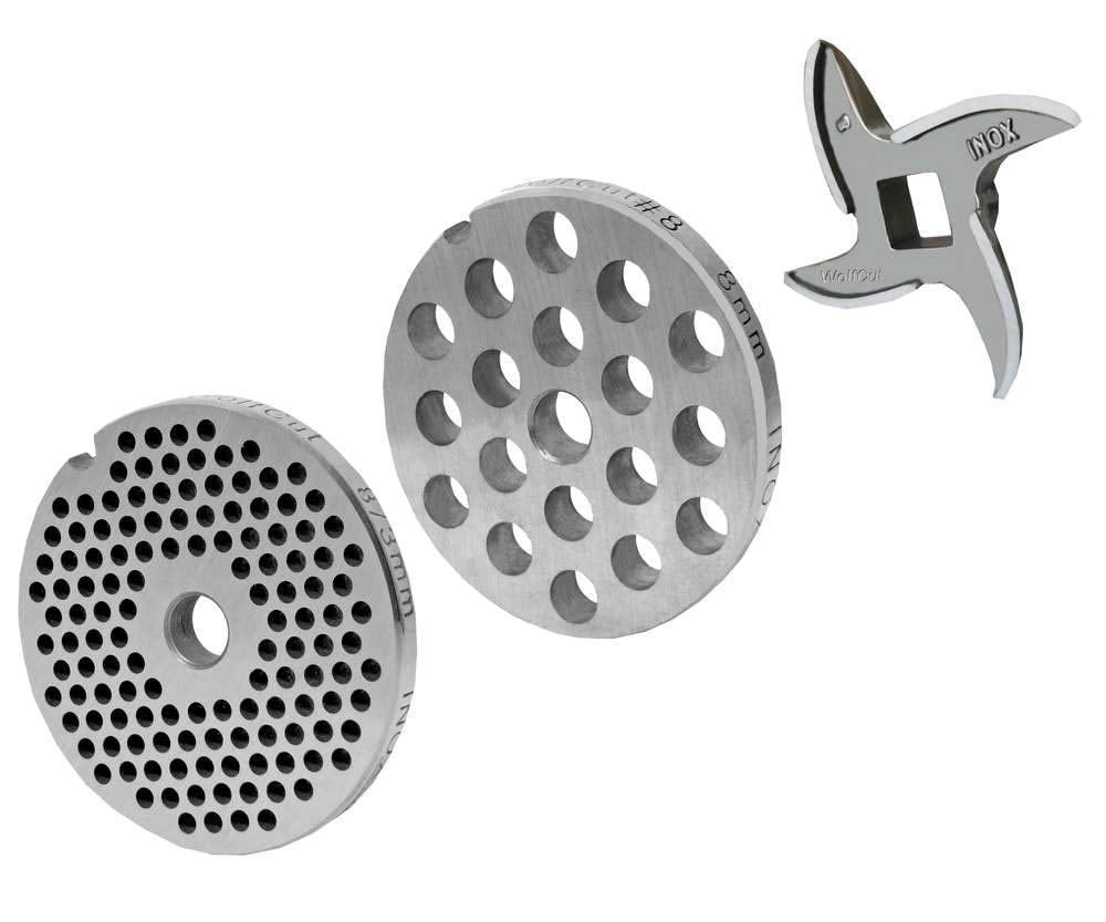 Wolfcut Lochscheibensatz mit 3,0mm + 8,0mm Bohrungen und 1 Sichelmesser- kompatibel mit Fleischwolf