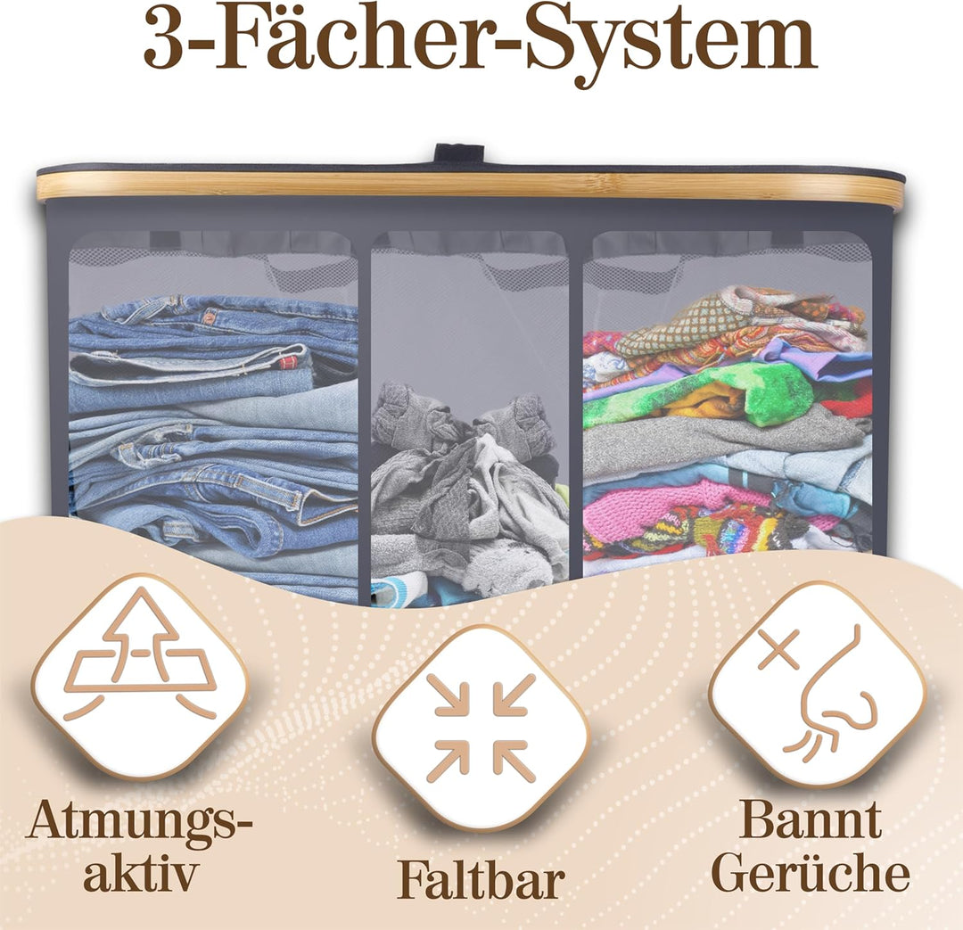 Luxpur® Wäschekorb XXL mit Deckel 3 Fächer Wäschesack Bambus Wäsche-Sortier-System Faltbare Wäschebo
