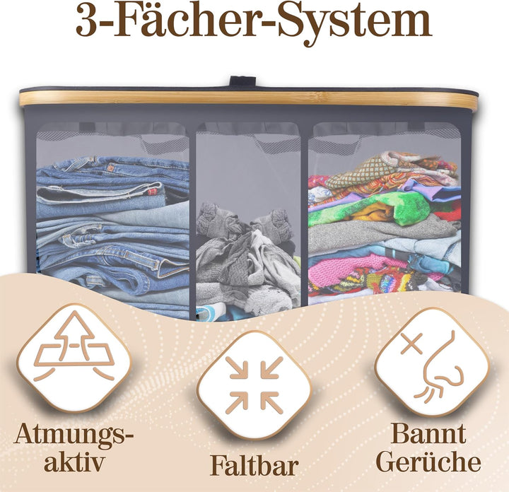 Luxpur® Wäschekorb XXL mit Deckel 3 Fächer Wäschesack Bambus Wäsche-Sortier-System Faltbare Wäschebo