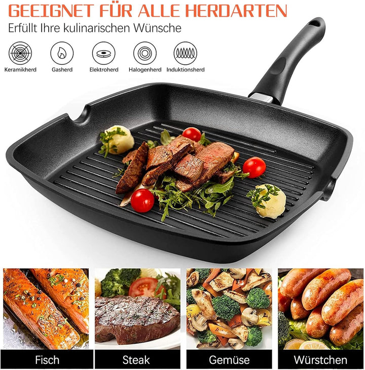Grillpfanne 28×28 cm, Steakpfanne Induktion aus Aluminiumguss, induktionsgeeignet Pfanne, PFOA-freie