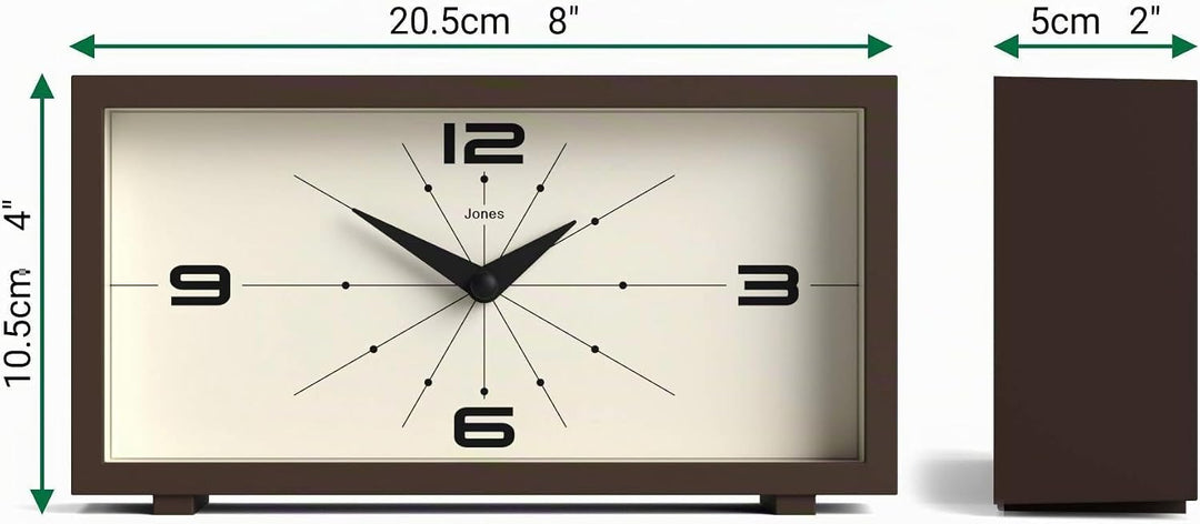 JONES CLOCKS® Schreibtischuhr 'Odeon' – modernes rechteckiges Design in Braun, stilvoller Retro-Look