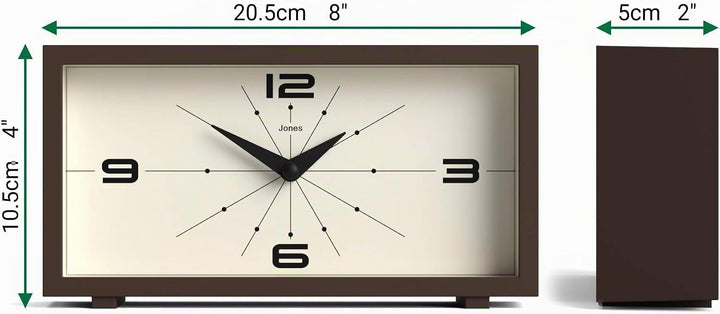 JONES CLOCKS® Schreibtischuhr 'Odeon' – modernes rechteckiges Design in Braun, stilvoller Retro-Look
