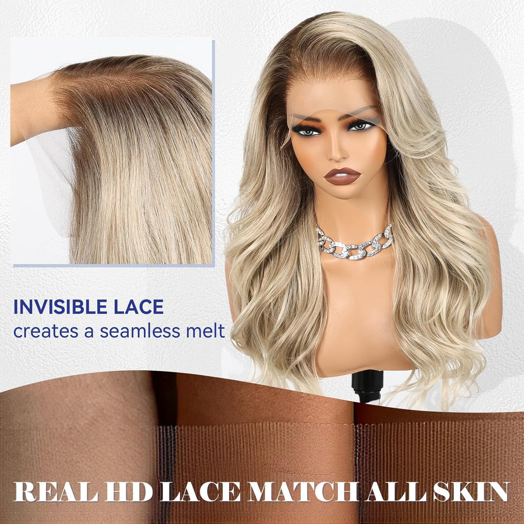 HAIRCUBE 13x6 HD Synthetische Lace-Front-Perücke, 24 Zoll Aschblond Lange Lockige Stufenperücken, Na