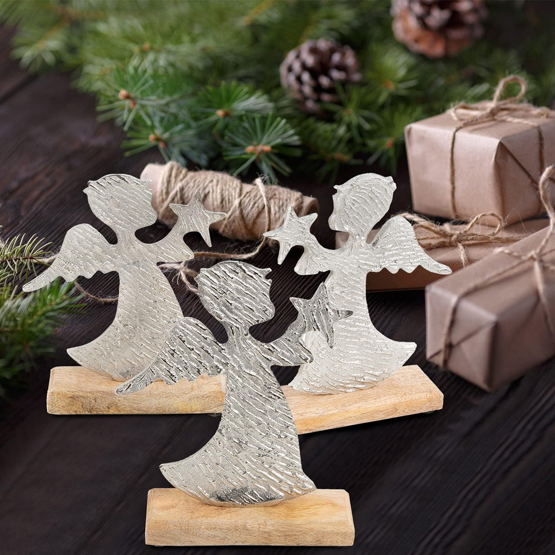 Logbuch-Verlag 3 Engel Figuren zum Hinstellen Silber braun aus Holz + Metall - Engelfigur als Schutz