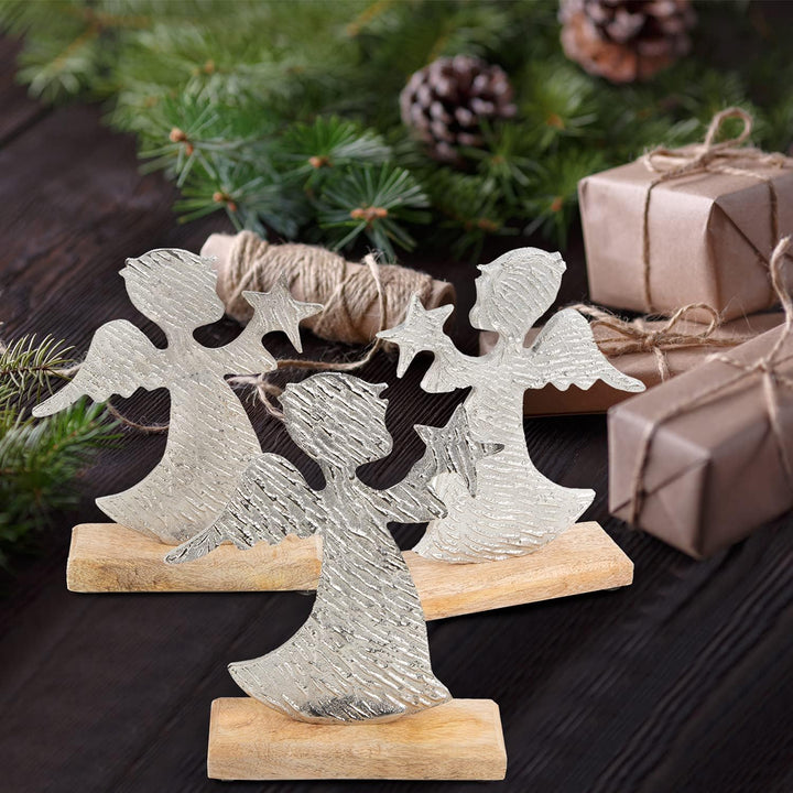 Logbuch-Verlag 3 Engel Figuren zum Hinstellen Silber braun aus Holz + Metall - Engelfigur als Schutz