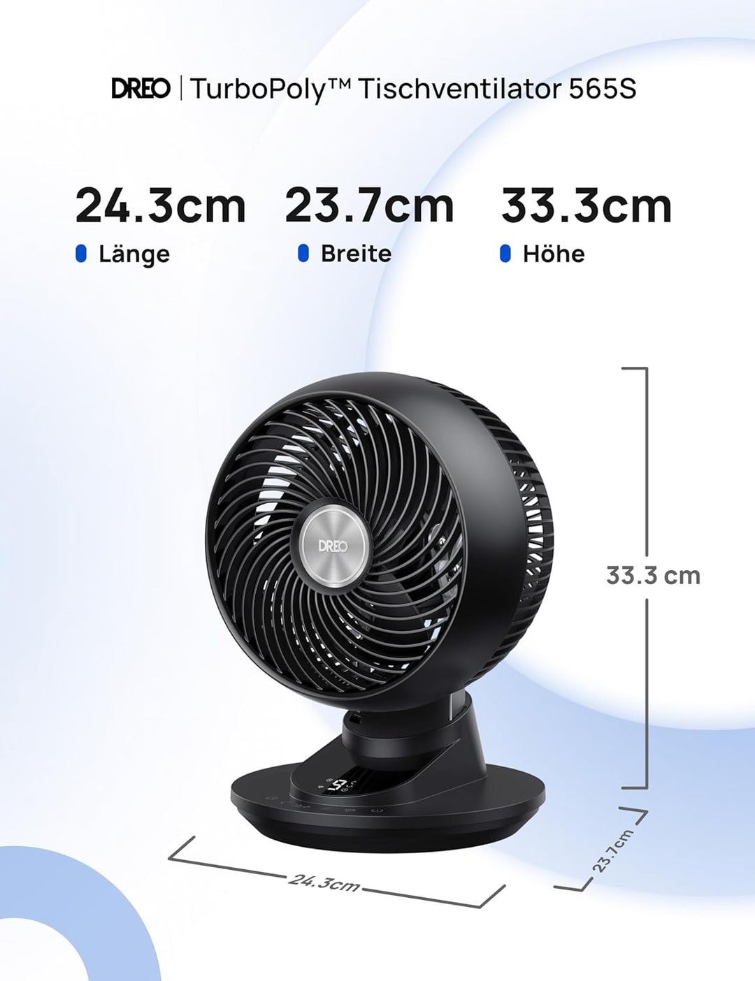 DREO 3D-Oszillierender Tischventilator für Schlafzimmer, 8,8 m/s starker Luftstrom, 22 dB leise, 90°