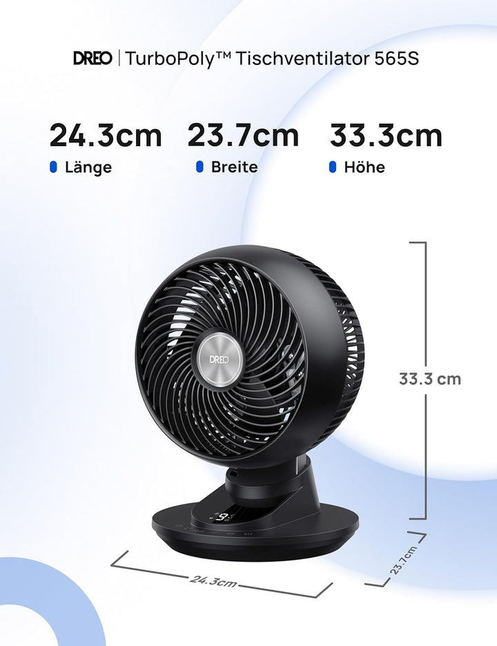 DREO 3D-Oszillierender Tischventilator für Schlafzimmer, 8,8 m/s starker Luftstrom, 22 dB leise, 90°