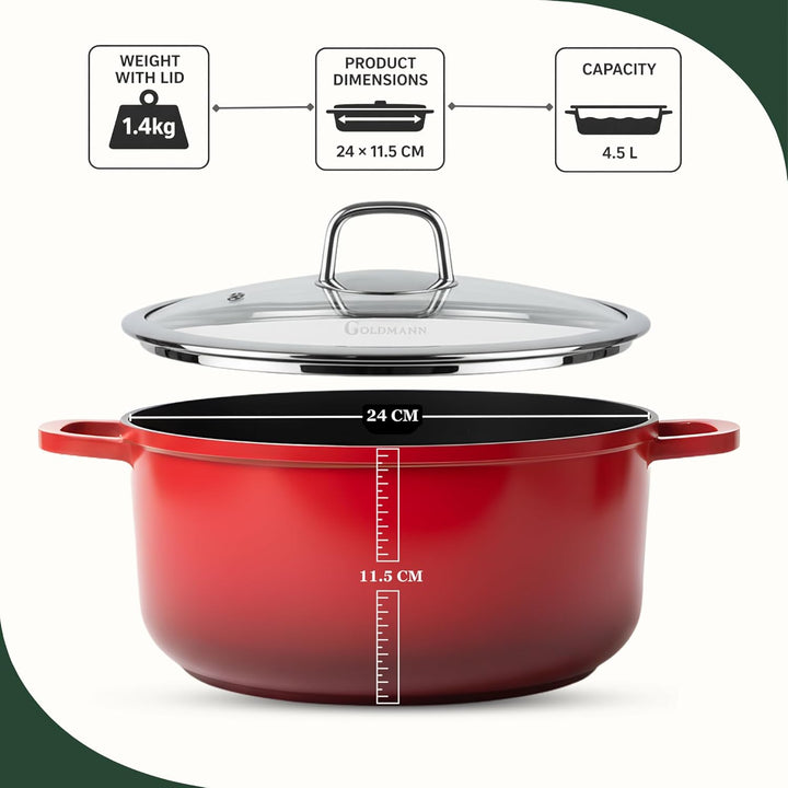 GOLDMANN Premium Gussaluminium Kochtopf 24 CM – 4.5 L – Modern Rot – Keramik-Marmor-Antihaft-Kassero