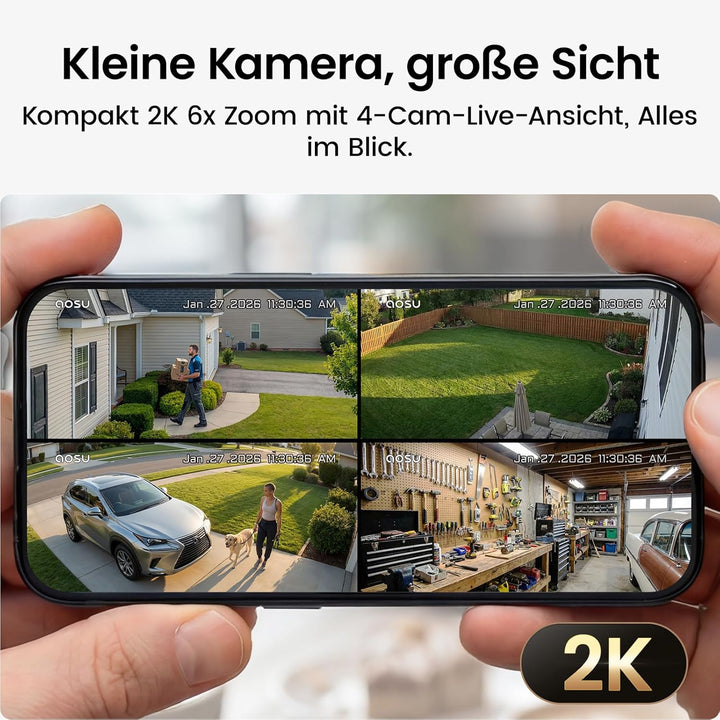 aosu 2K Überwachungskamera Aussen Akku 4er-Kit mit Aosubase 2.0 ohne ABO 32GB Lokal Speicher Kabello