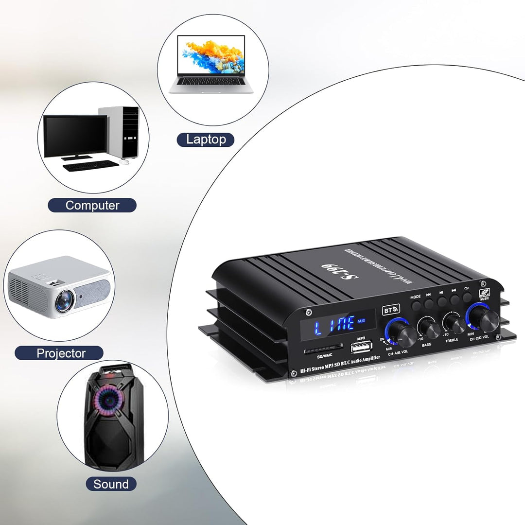 4-Kanal Verstärker, 1600W Audio Leistungsverstärker Bluetooth 5.0, 40Wx4 mit USB/Mikrofon/FM mit Fer