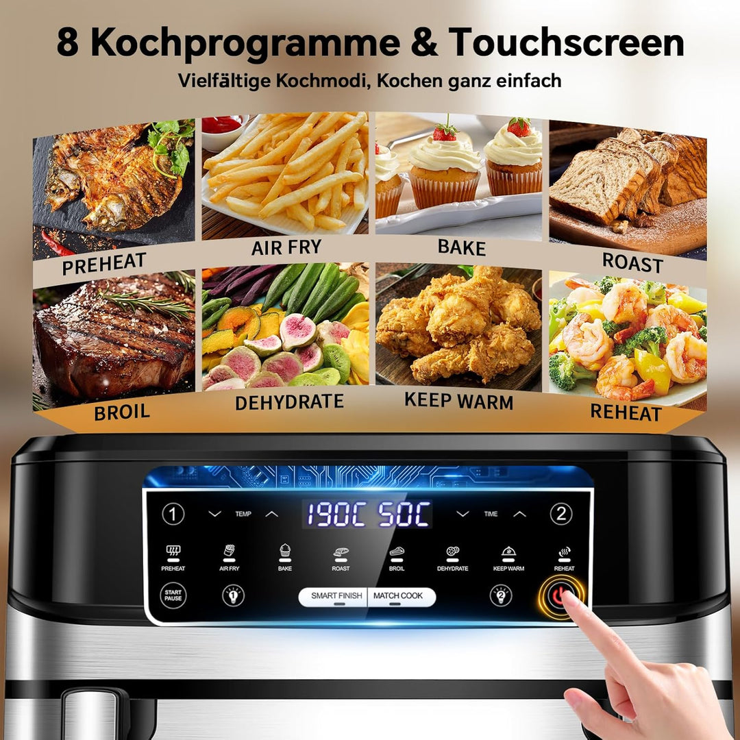 Heissluftfritteuse 12L | Air Fryer XXL Variabel für Einzel und Zweikammer, 2600W Doppel-Heizelement