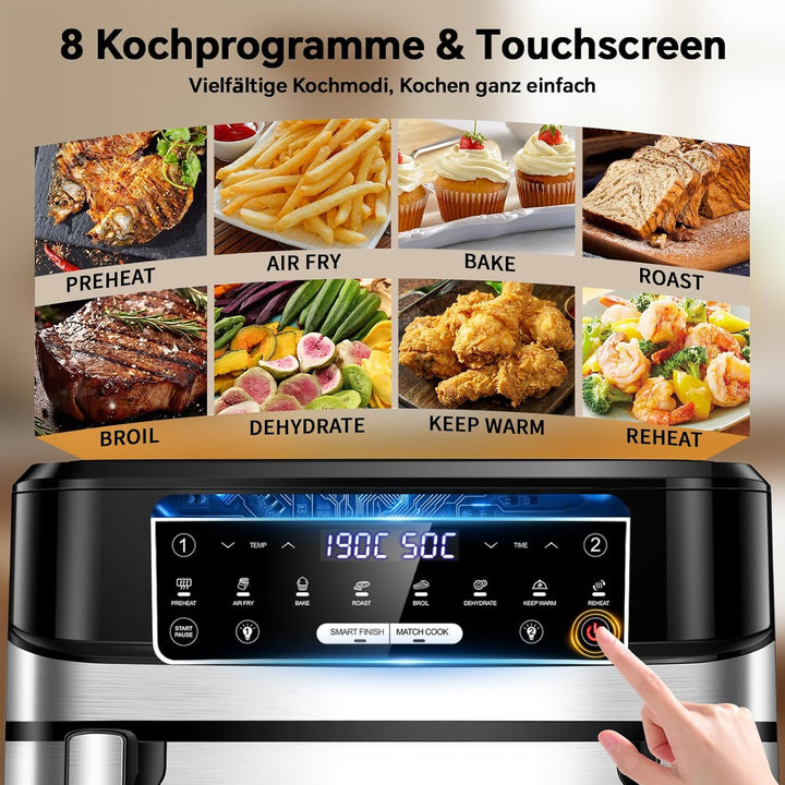 Heissluftfritteuse 12L | Air Fryer XXL Variabel für Einzel und Zweikammer, 2600W Doppel-Heizelement