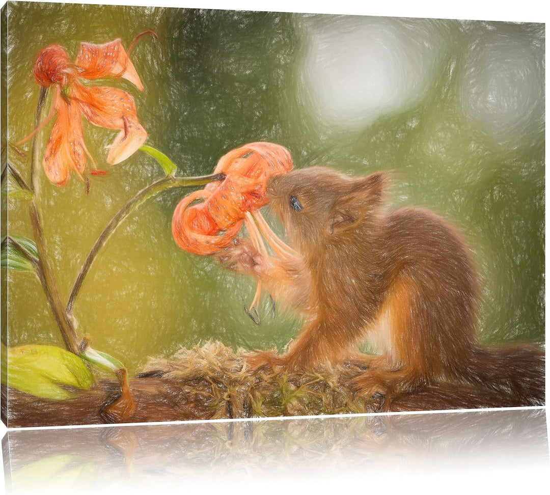 Pixxprint Eichhörnchen riecht an Einer Blume als Leinwandbild/Grösse: 100x70 cm/Wandbild/Kunstdruck/