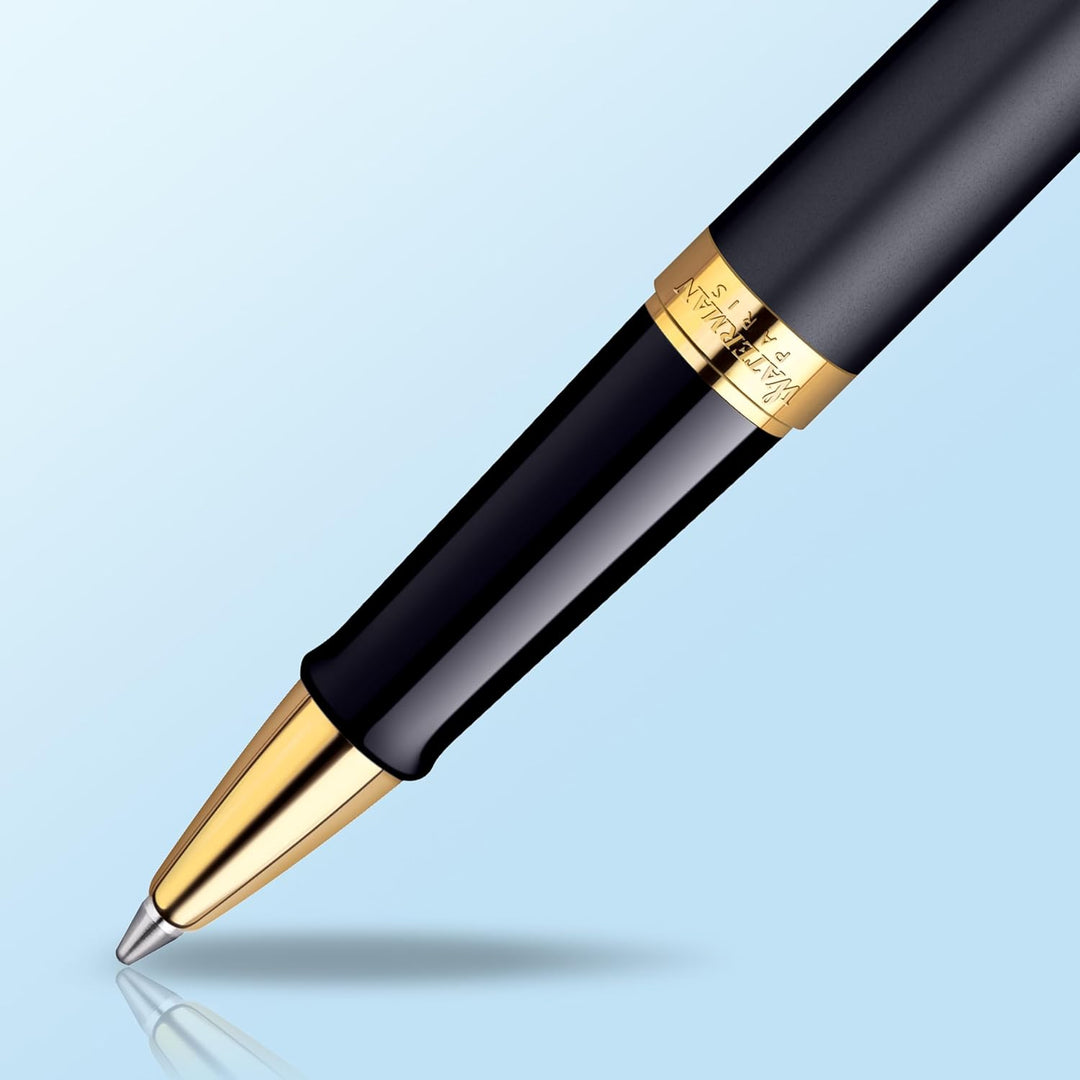 Waterman Hémisphère Tintenroller | Mattschwarz mit Goldzierteile | feine Spitze | Schwarze Tinte | G