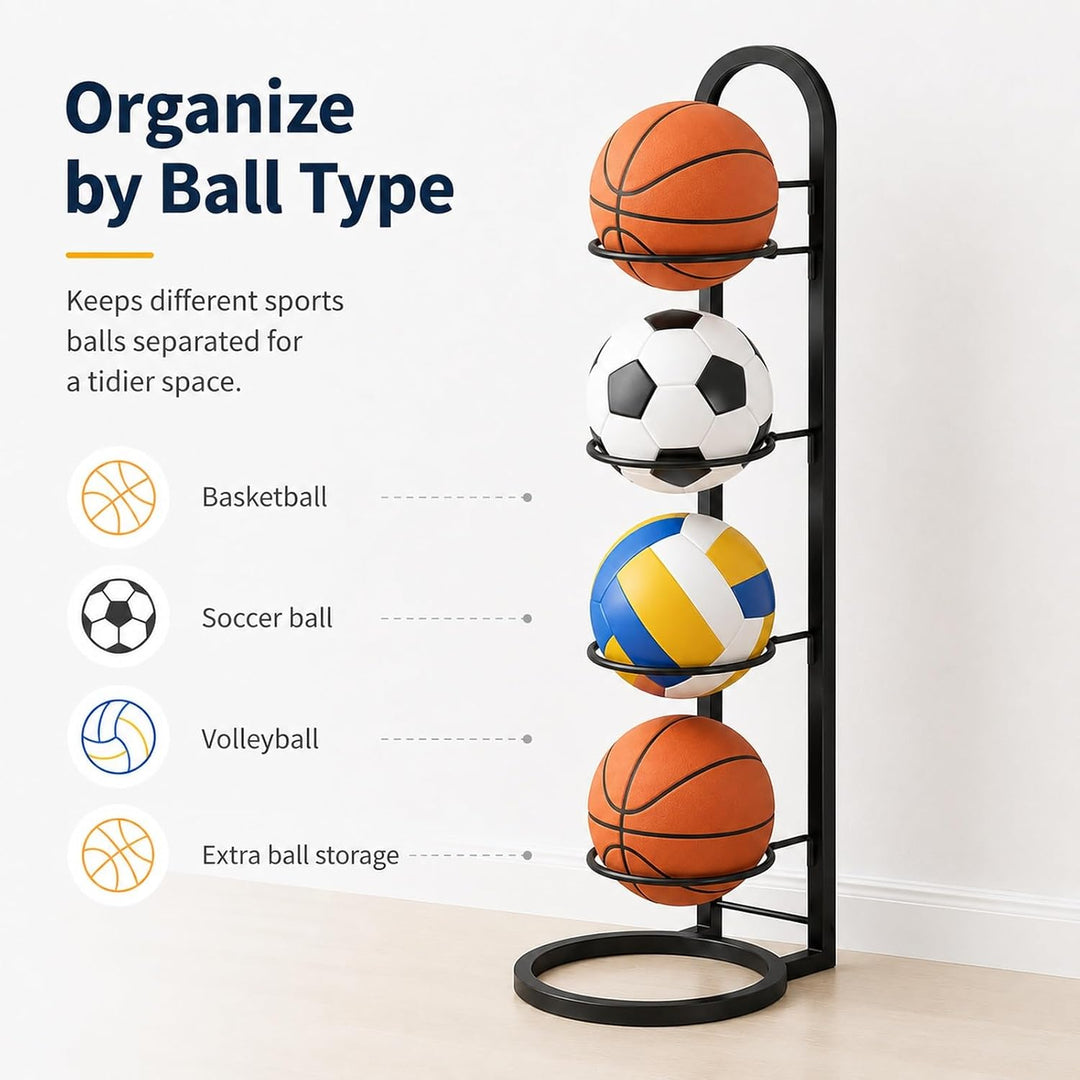 GOOGO 4 Stufiger Ballständer, Metall Basketball Ständer Herausnehmbare, Vertikale Ball Aufbewahrung,