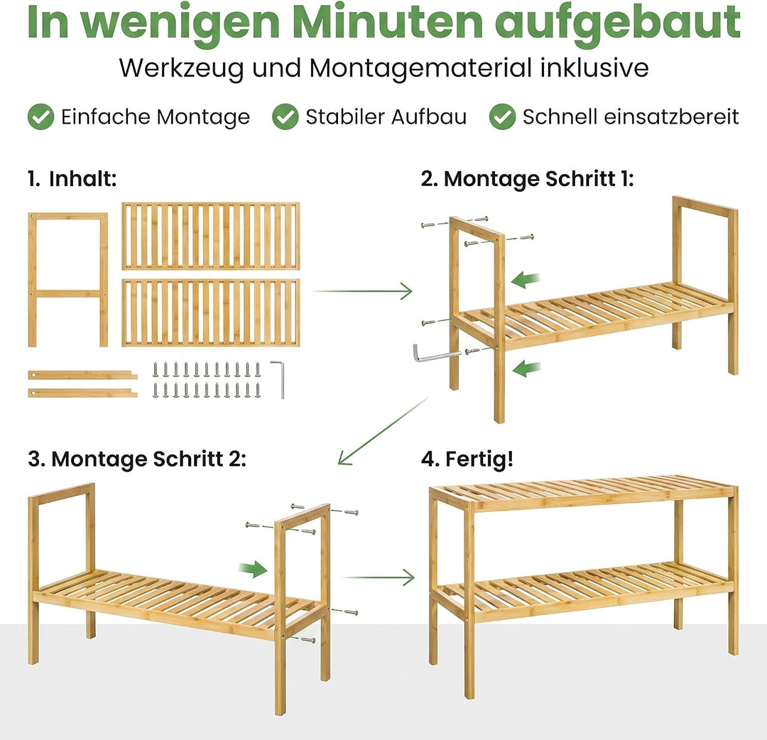 hausleben Bambus Schuhregal, 2 Ebenen, 70x28x33 cm, Naturholz Standregal | Platzsparendes Design, Le