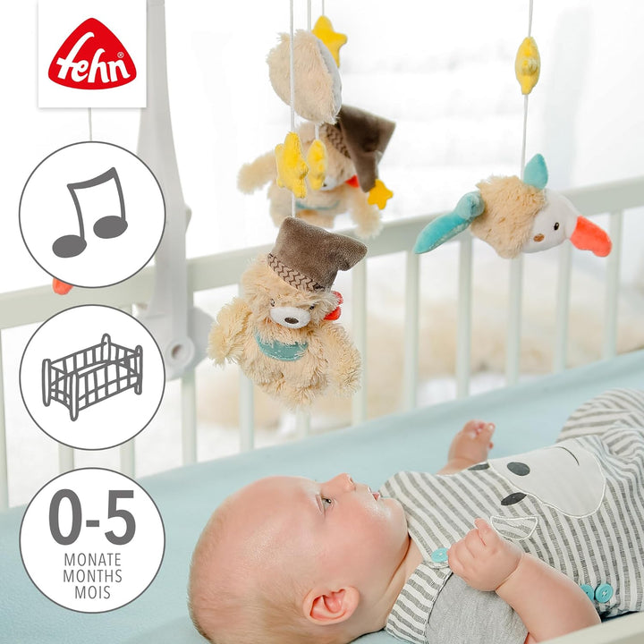 Fehn Musik Mobile Bruno - Baby Einschlafhilfe Musikspielzeug mit süssen Tieren &amp; Activity Spirale Bi