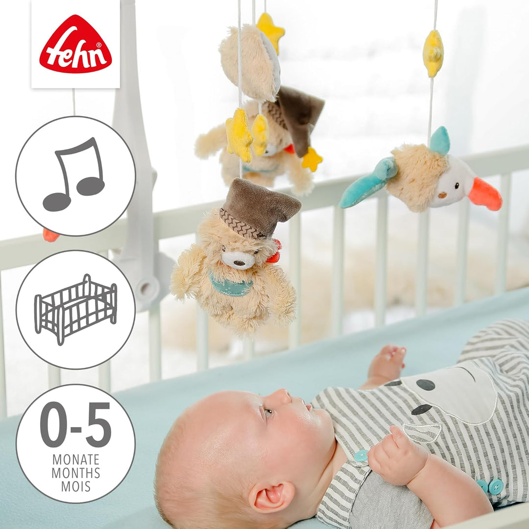 Fehn Musik Mobile Bruno - Baby Einschlafhilfe Musikspielzeug mit süssen Tieren - Babymobile Spieluhr