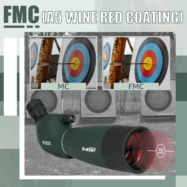 Svbony SV28PLUS Spektiv für Vogelbeobachtung, 25-75×70mm mit Kabellosem Controller, BAK4 A5 Weinrote