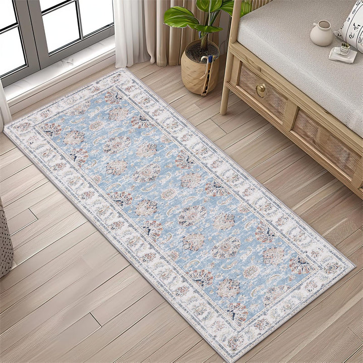 TOPICK Blau Teppich 90x150cm Wohnzimmer Waschbar Superdünne Vintage Blumen Kurzflor Lang Küche Schla