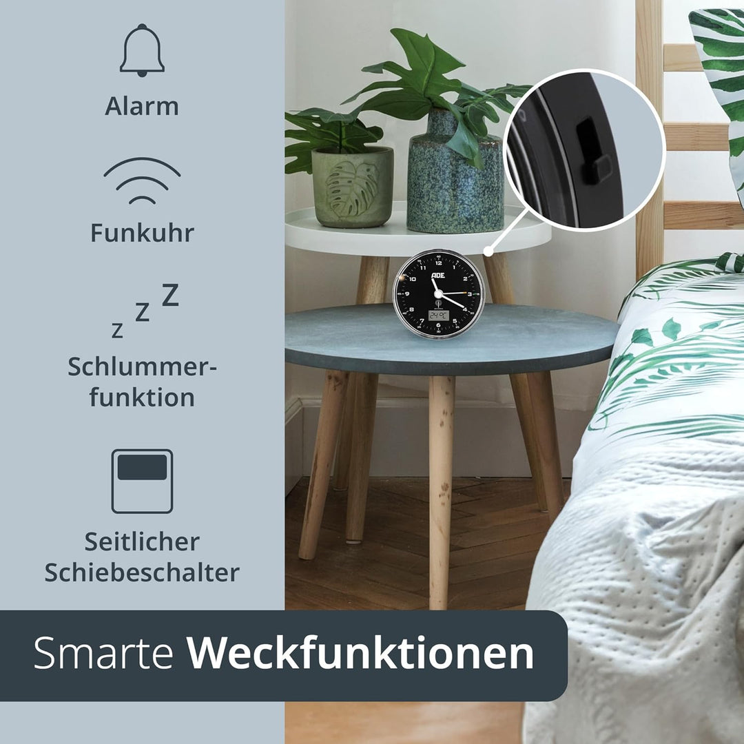 ADE Funk wecker analog ohne Ticken | Uhr mit Temperaturanzeige und Kalender | lautloser analoger Wec