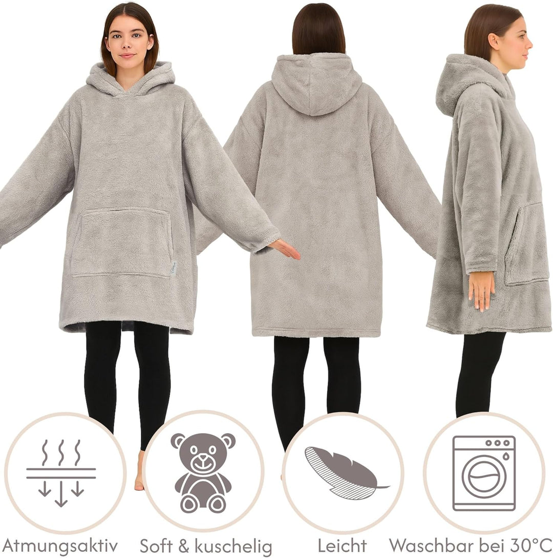 Hoodie Decke mit Ärmeln - Plüsch Sherpa Deckenpullover Oversize Kuscheldecke zum anziehen Kuschelpul