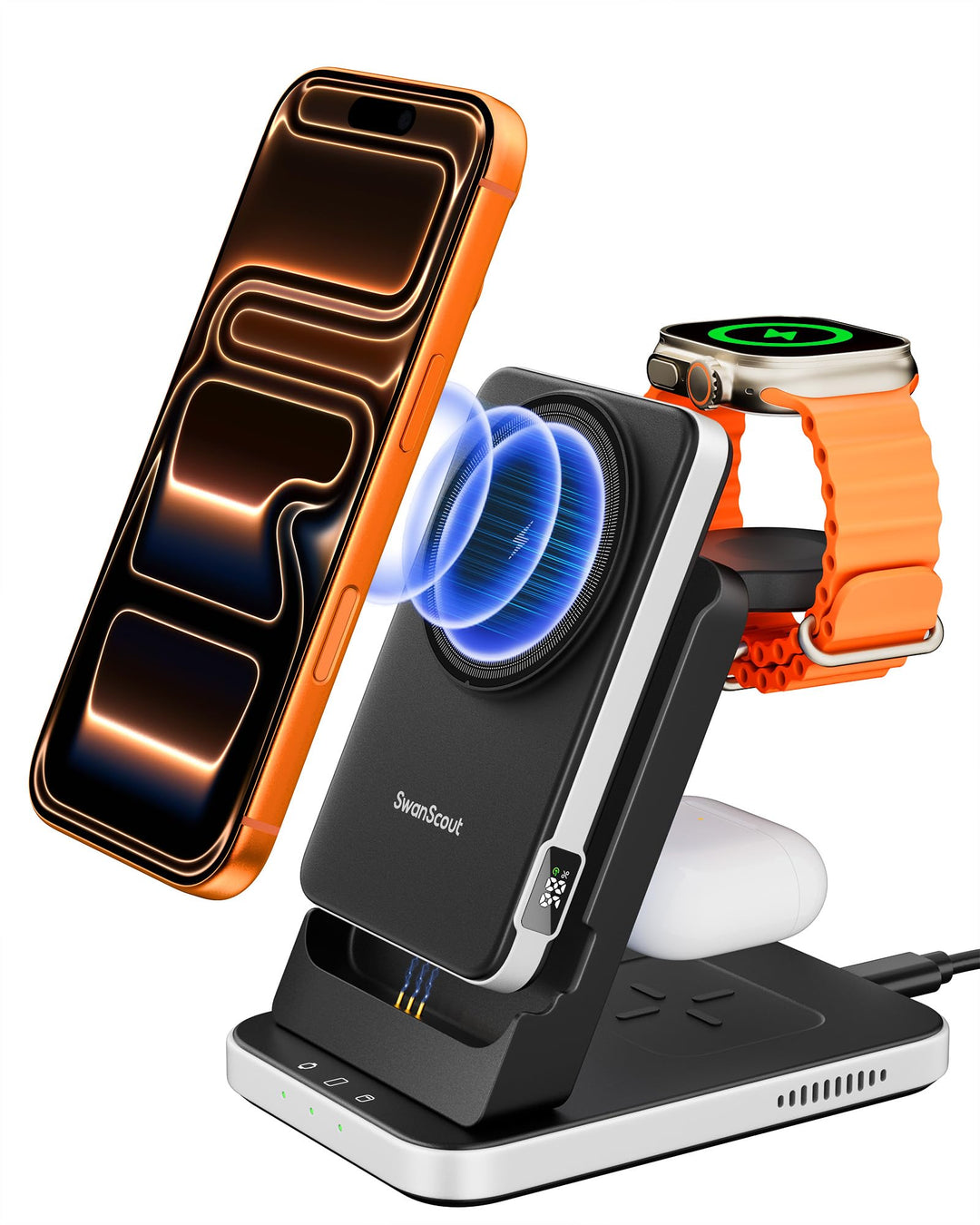 SwanScout 3 in 1 Magnetische Induktive Ladestation, 5000mAh Powerbank Kompatibel mit Magsafe für iPh