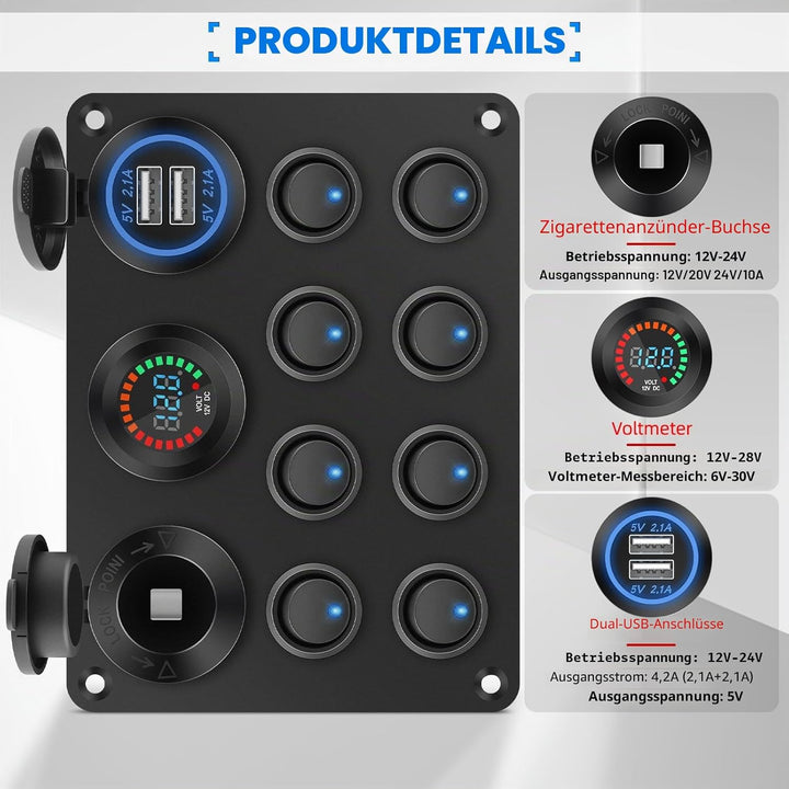 Geloo 8 Gang wasserdichte Wippschalter-Panel, blaue LED-Lichter, Dual 5 V USB-Ladebuchse, für Autos,