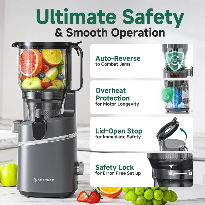 AMZCHEF 250W Automatischer All-In-One Entsafter, 160MM Öffnung und 1,8L Slow Juicer für Gemüse und O