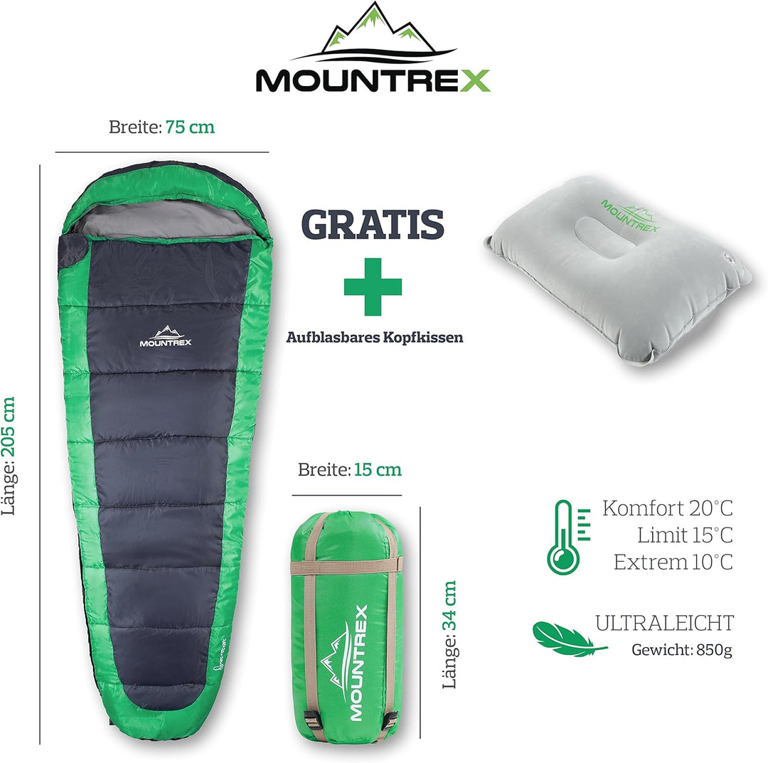 MOUNTREX Schlafsack +10°C / +20°C – Ultraleicht &amp; Kompakt (850g) - Outdoor Sommerschlafsack - Mumien
