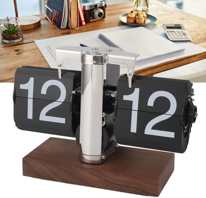 Greensen Retro Flip-Down-Uhr mit Schwarznussholz-Sockel Mechanische Auto Flip-Schreibtisch-Uhr 24H D
