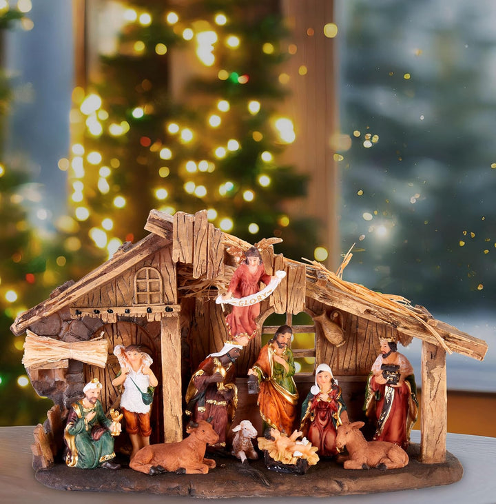 BRUBAKER Weihnachtskrippe - 32 cm Krippenset mit 11 handbemalten Figuren - Weihnachtsfigur Krippe au
