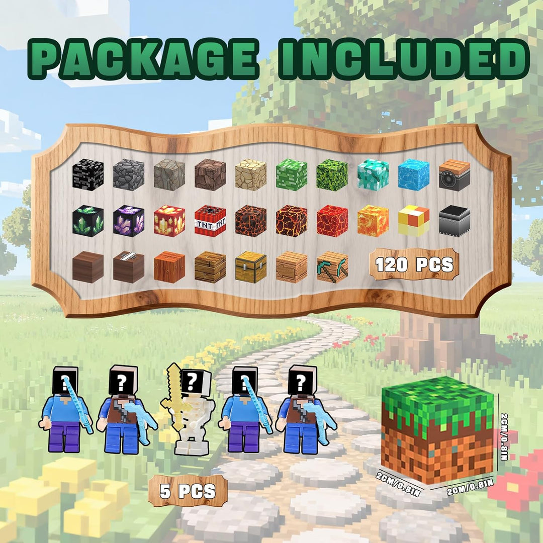 Magnetische Bausteine, 120 Teile Magnetblöcke mit 5 Minifiguren, 10 Aufklebern- Pixel Blocks Design