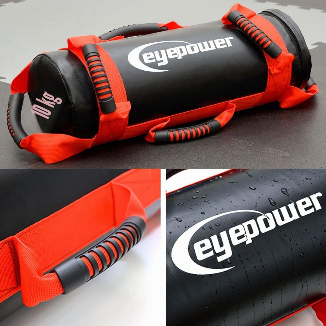 EYEPOWER 10kg Power Bag + 4 Kettlebell Gewichte - Befüllt mit Eisensand - Besser als Geräte: 6 Griff